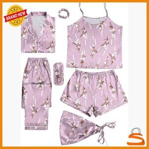 XXL Silk Satin Pajama Set 7-Piece Sleepwear Lounge Cami Top Pants